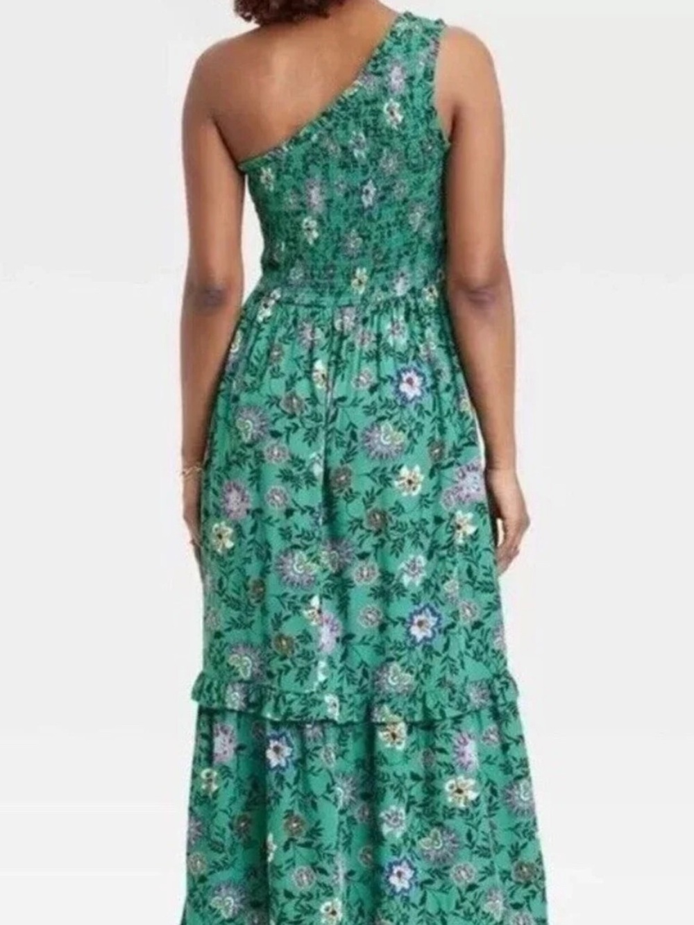 Knox Rose XXL Green Floral One Shoulder Smocked Tiered Boho Maxi Dress Rayon - Picture 2 of 6
